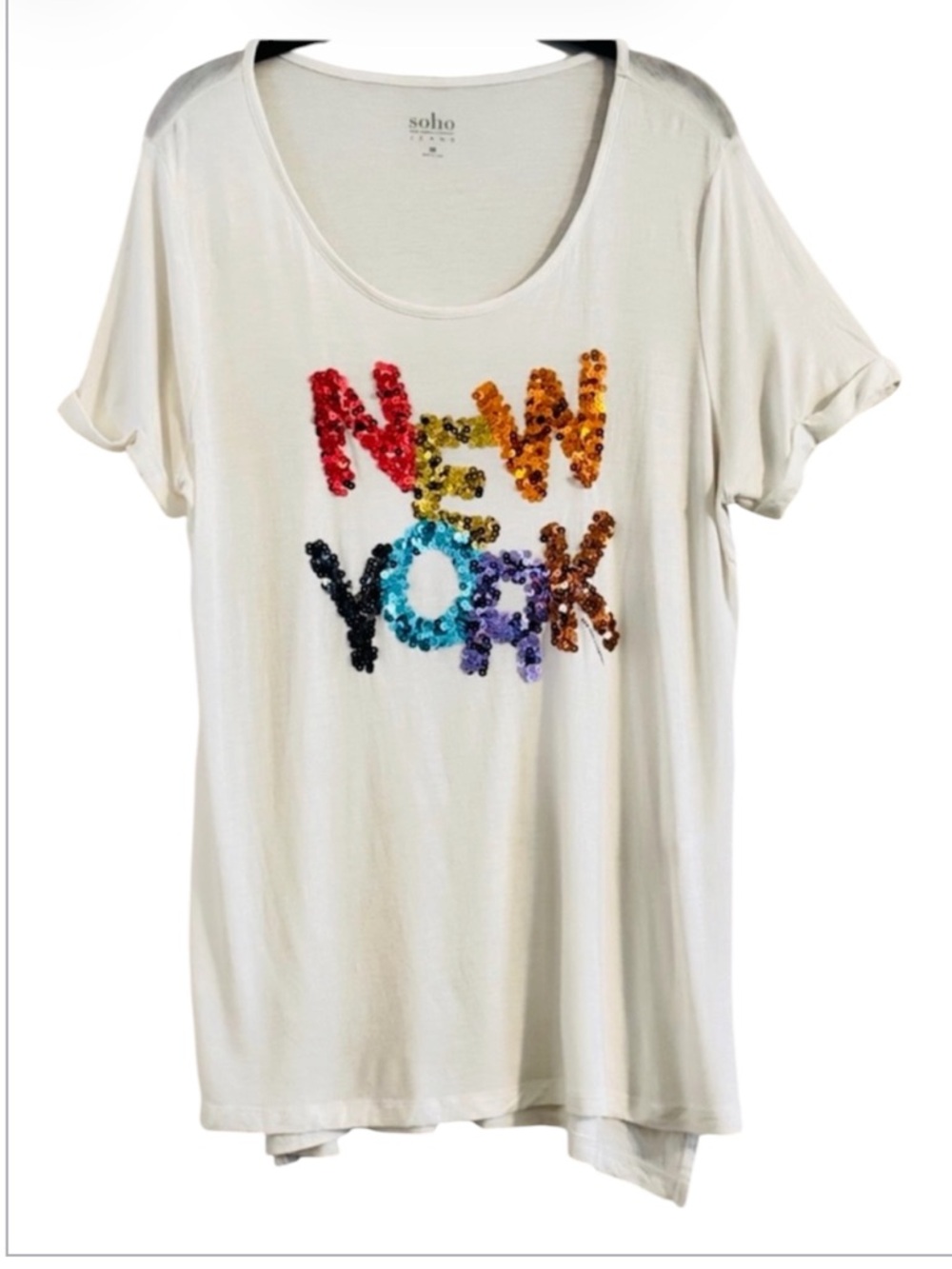 Soho White Graphic Sequin  “New York” Short Sleeve Tee Size XL